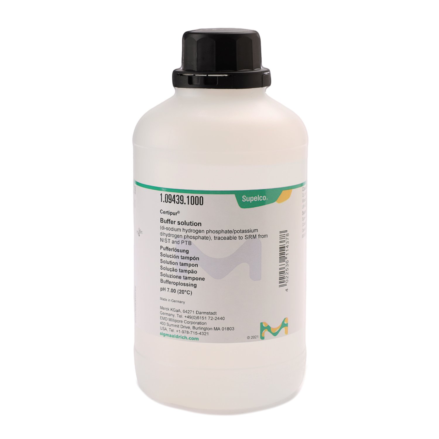 Buffer  solution  (di-sodium  hydrogen  phosphate/potassium  dihydrogen  phosphate),  traceable  to  SRM  from  NIST  and  PTB  pH  7.00  (20°C)  Certipur®